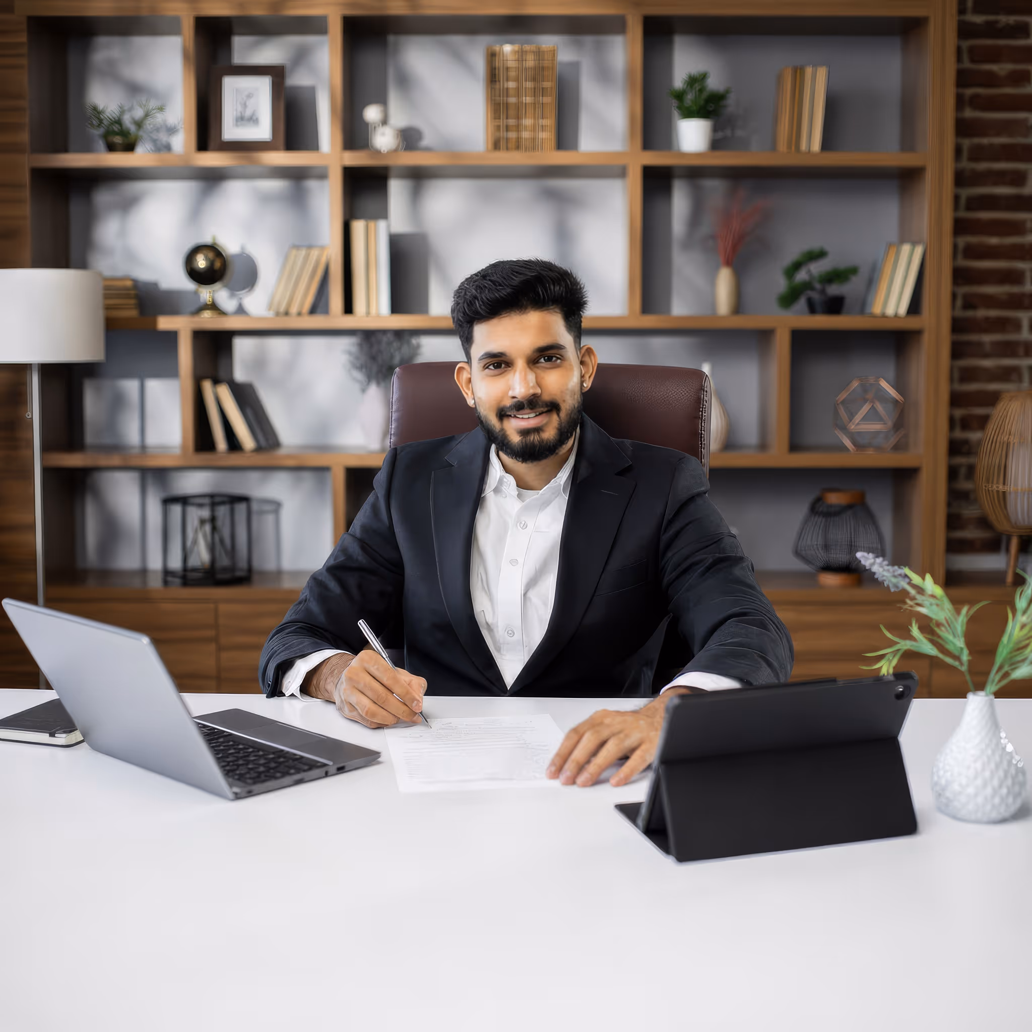 Man in black suit sitting at desk with laptop and tablet, writing on paper, smiling at camera.