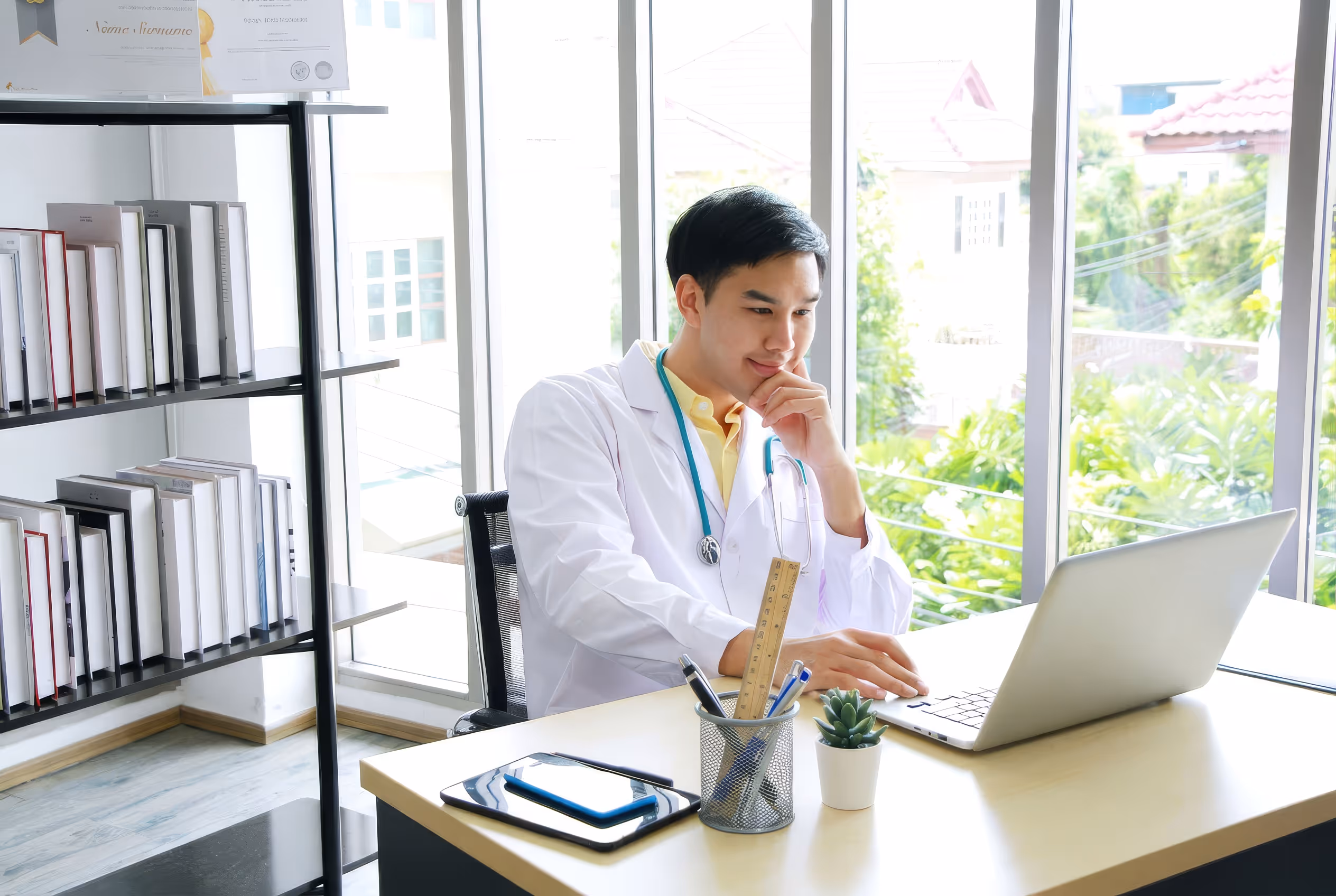 Doctor in white coat with stethoscope using laptop at a desk near a large window with bookshelves nearby.