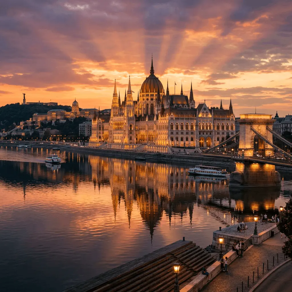 Sunset over Budapest with illuminated Parliament building and Chain Bridge reflecting on the Danube River.