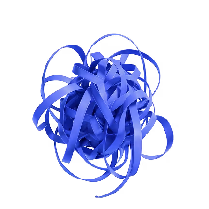 Tangled ball of shiny blue ribbon against black background.