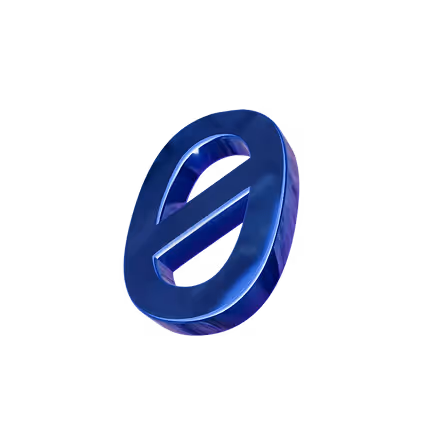 Blue 3D digital zero symbol with a diagonal slash on a black background.