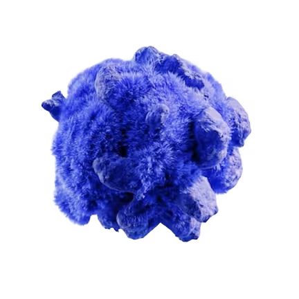 Blue, furry, abstract 3D shape with rounded, protruding forms on a black background.