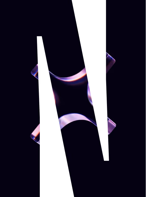 Abstract glowing four-point star shape with purple and pink gradients on a black background, partially obscured by two vertical black stripes.
