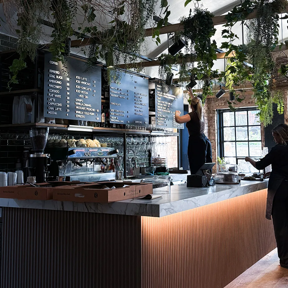 Cozy café setting with a round wooden table, a French press, and cups. A potted plant adds warmth. Large windows reveal leafy greenery outside.
