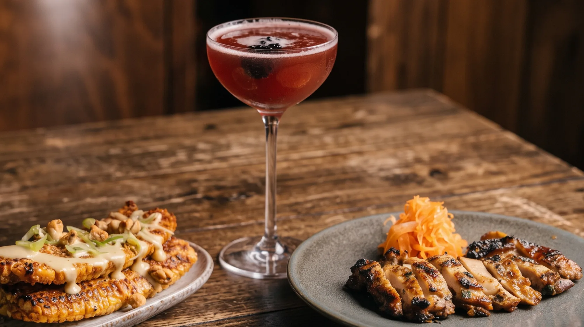 A deep red cocktail in a coupe glass between plates of charred corn ribs and sliced chicken inasal with pickled carrot, on a rustic wooden table.