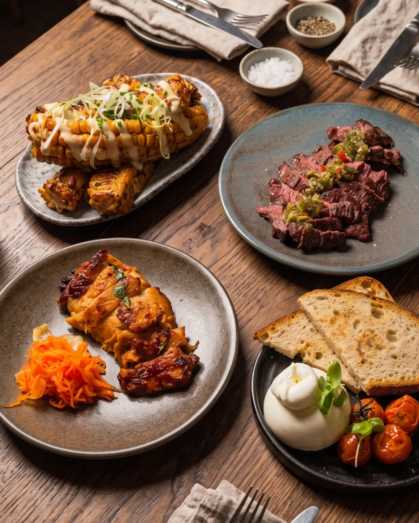 Small plates on a wooden table: corn ribs with spring onion, sliced flat iron steak with chimichurri, chicken inasal with pickled carrot, and burrata with roasted tomatoes and sourdough.