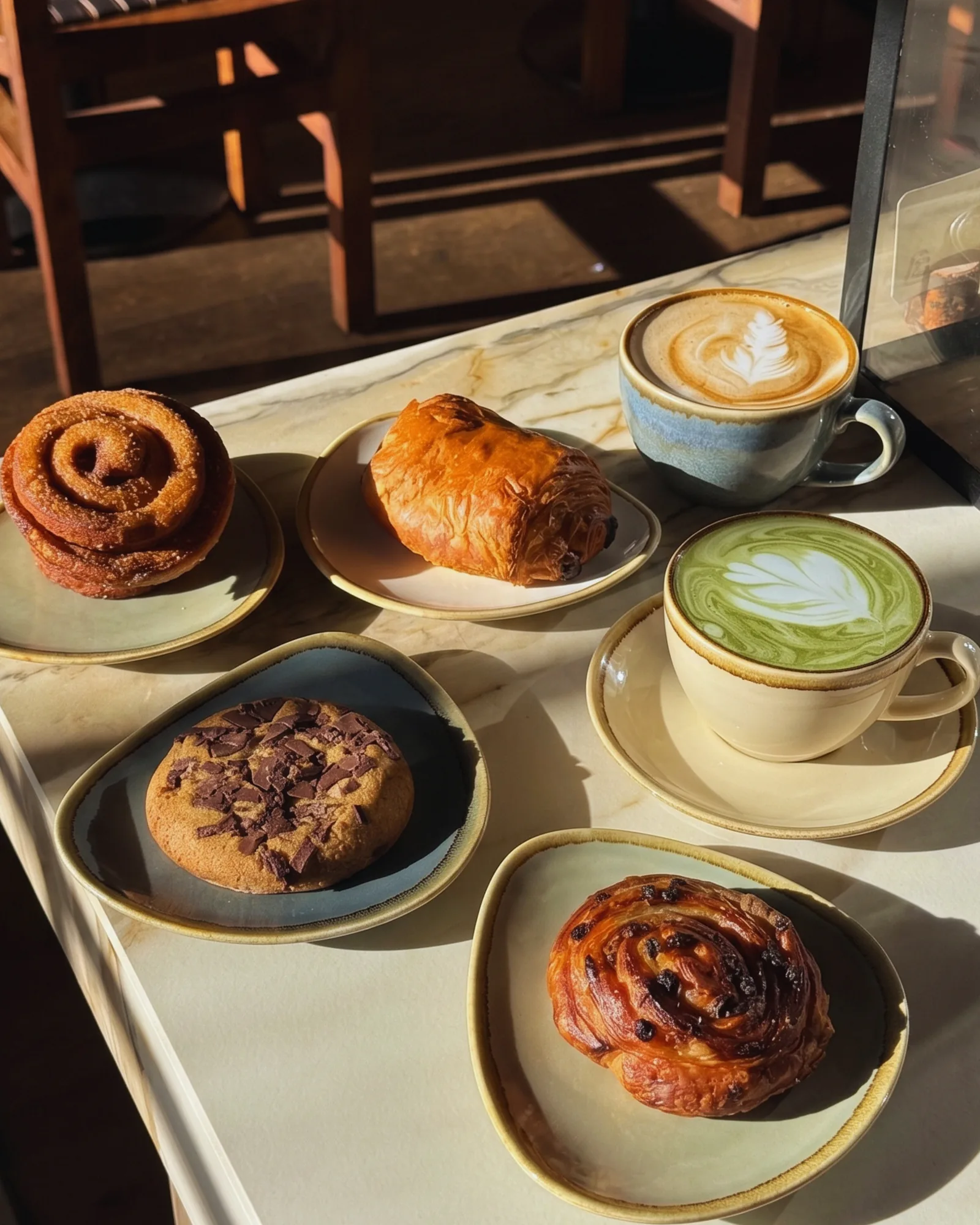 Fresh pastries on ceramic plates, including a cinnamon swirl, pain au chocolat, a chocolate chunk cookie and a raisin swirl, with a latte and a matcha latte.