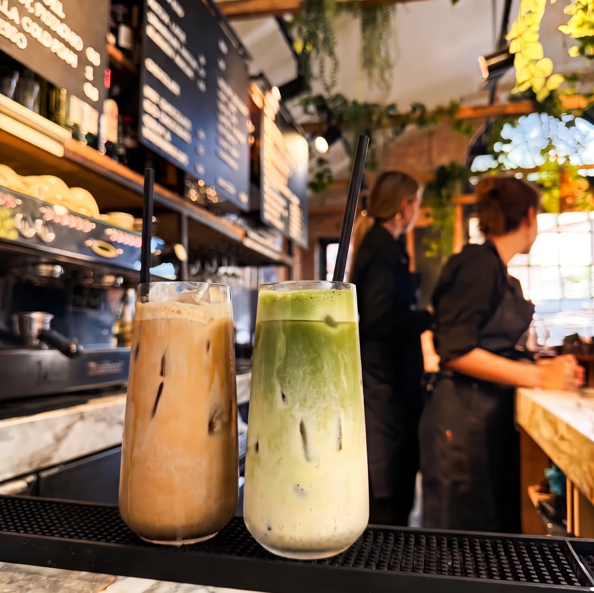 An iced latte and an iced matcha latte on the bar at Fable, with baristas working behind the counter.