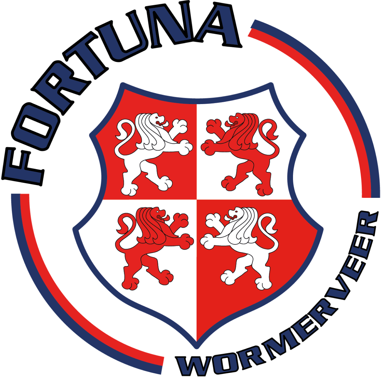 Shield divided into four red and white quarters, each with a lion, surrounded by curved lines and the text Fortuna Wormerveer.