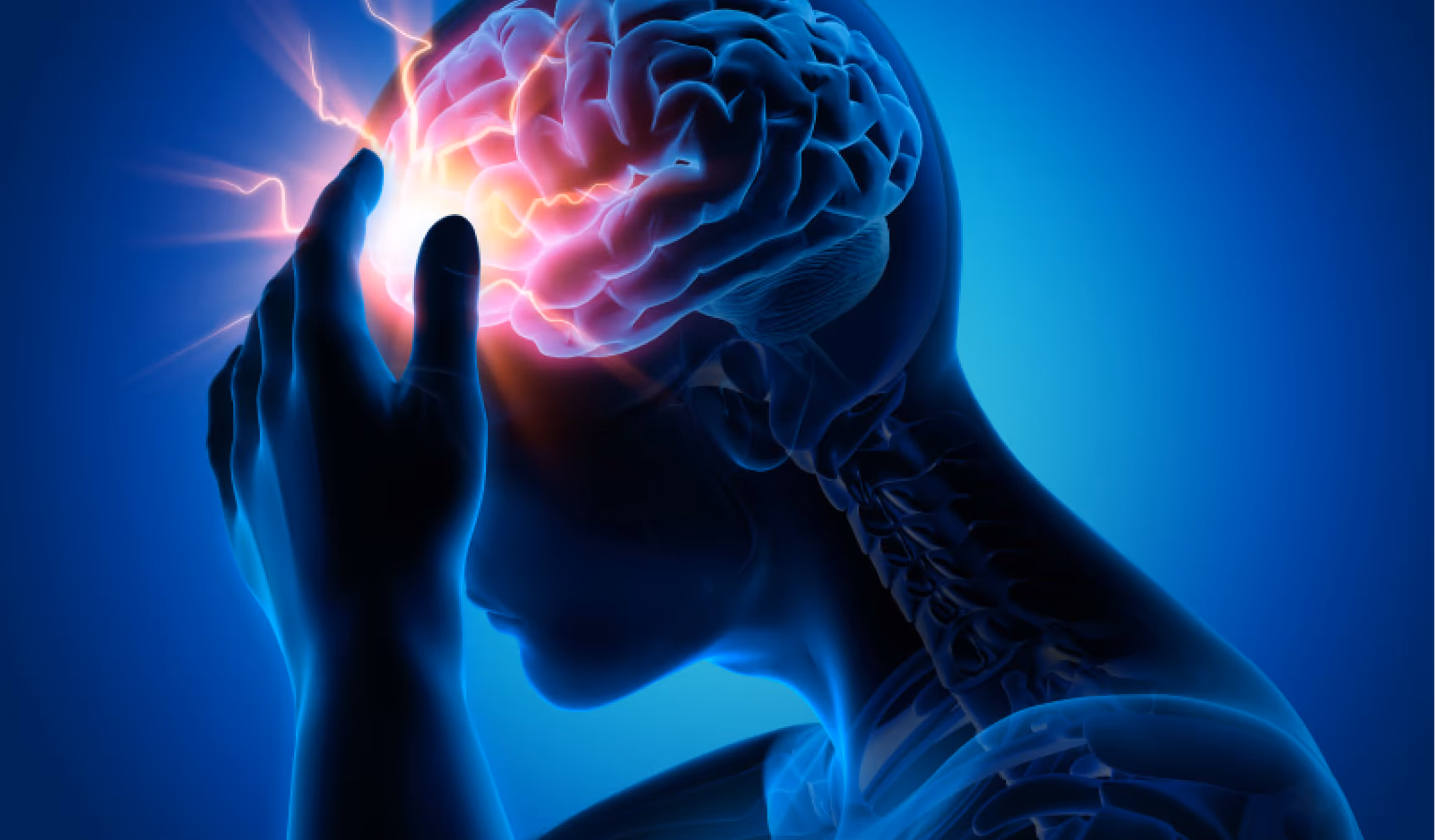 3D illustration of a person holding their head with visible brain highlighted in pink with electric sparks, symbolizing headache or brain injury.