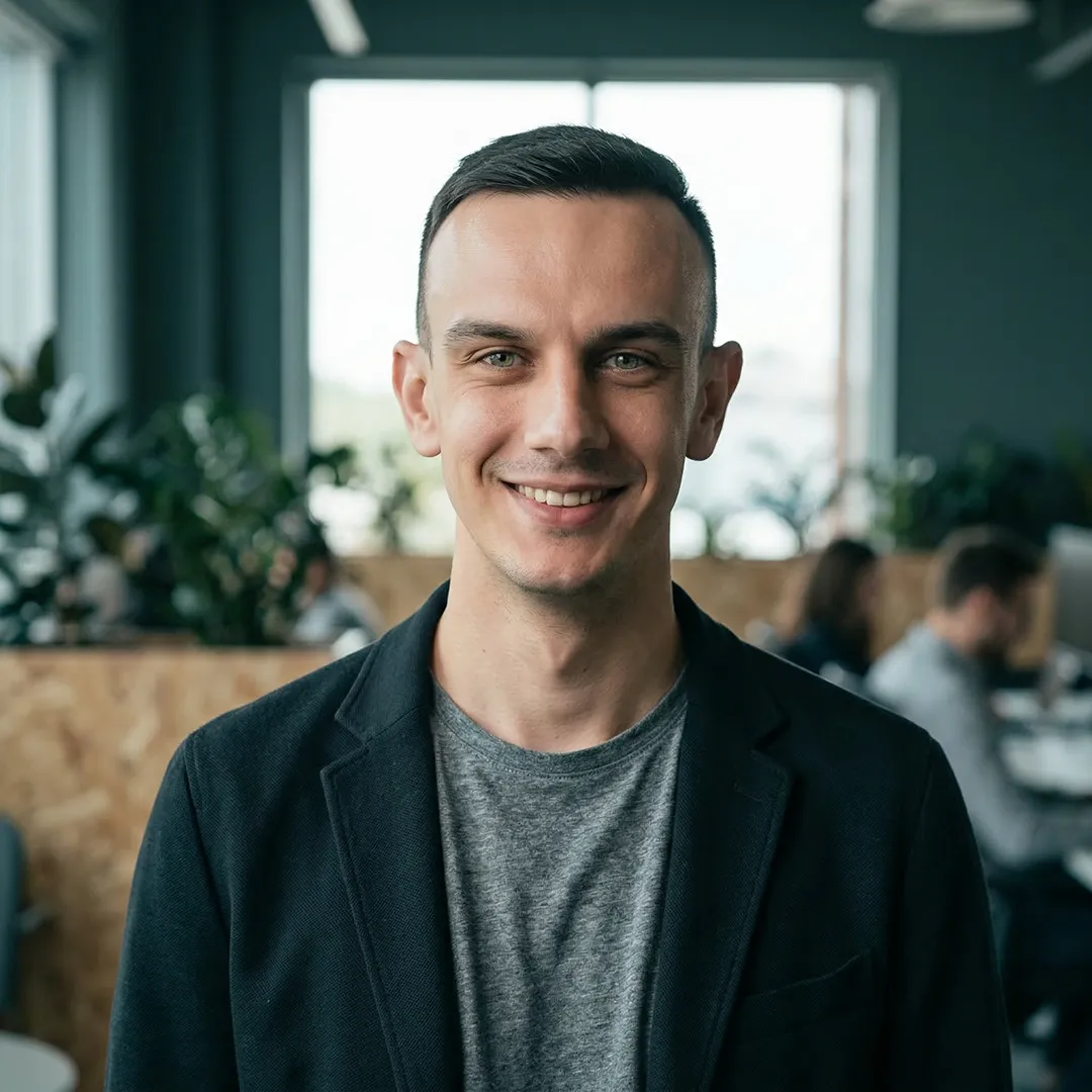 Smiling man with short dark hair wearing gray shirt and black blazer in a modern office.