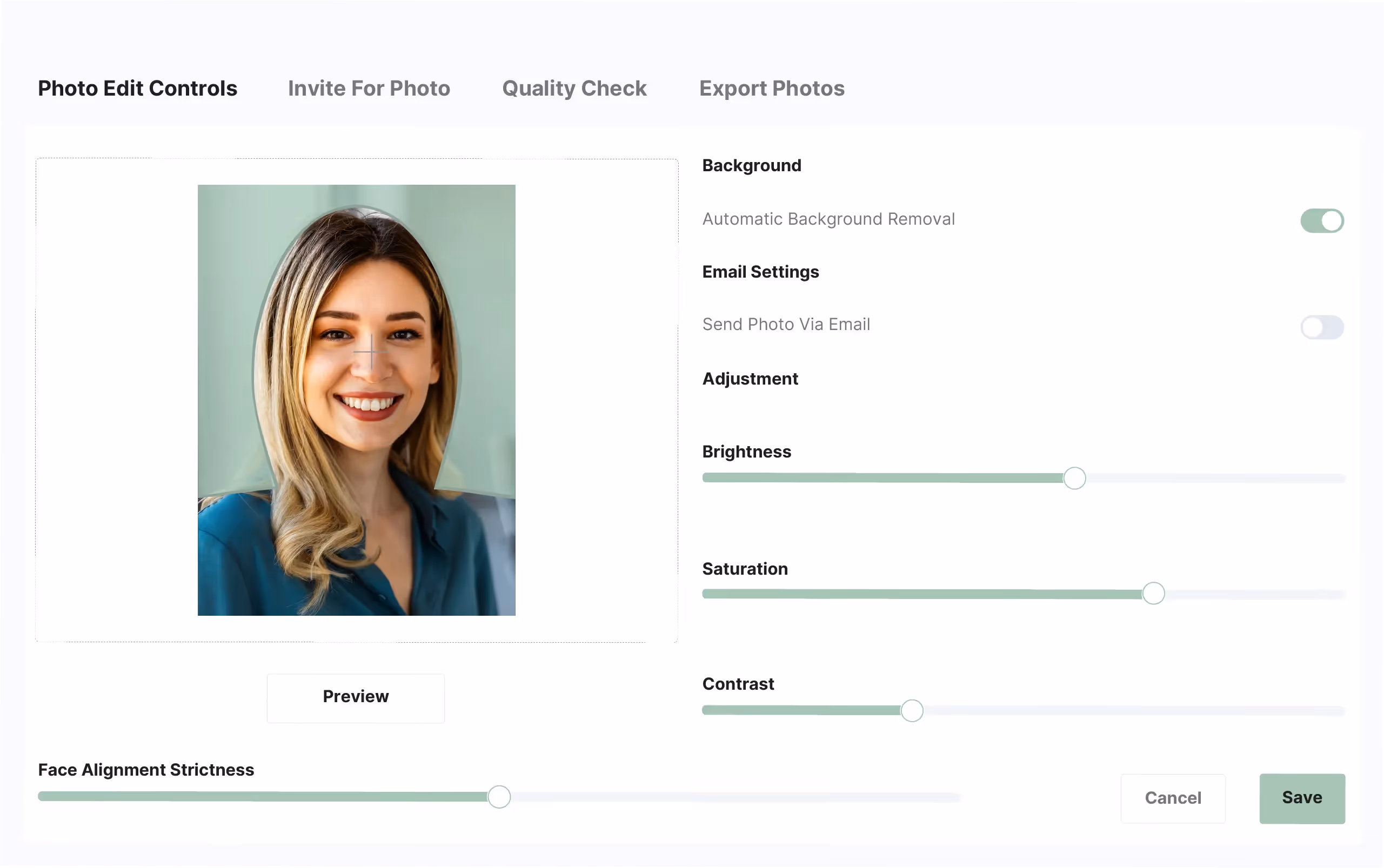 UI Interface of IDimage Client showing adjustments that can be made to a photograph. Including Removing background, email settings, brightness, saturation and contrast.