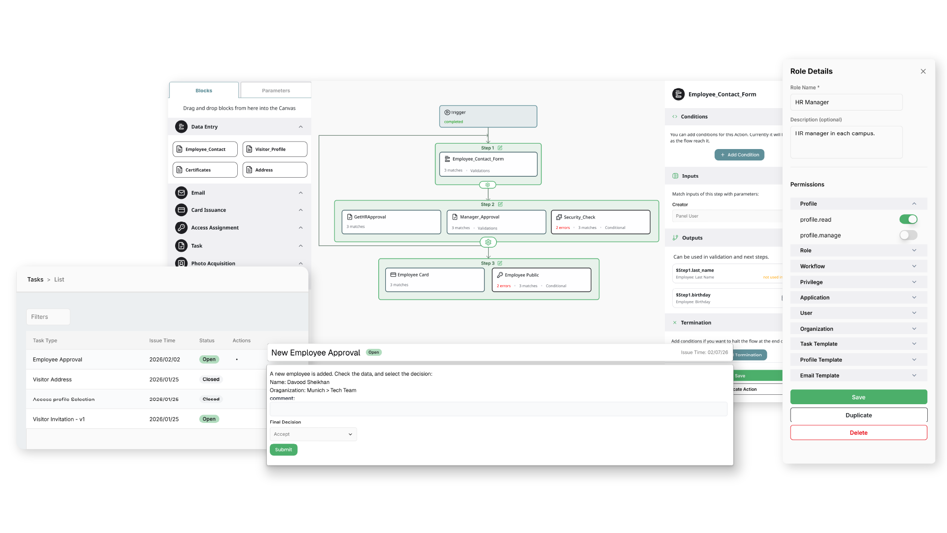 User interface showing an employee approval workflow with blocks for data entry, approval steps, and role details for HR Manager.