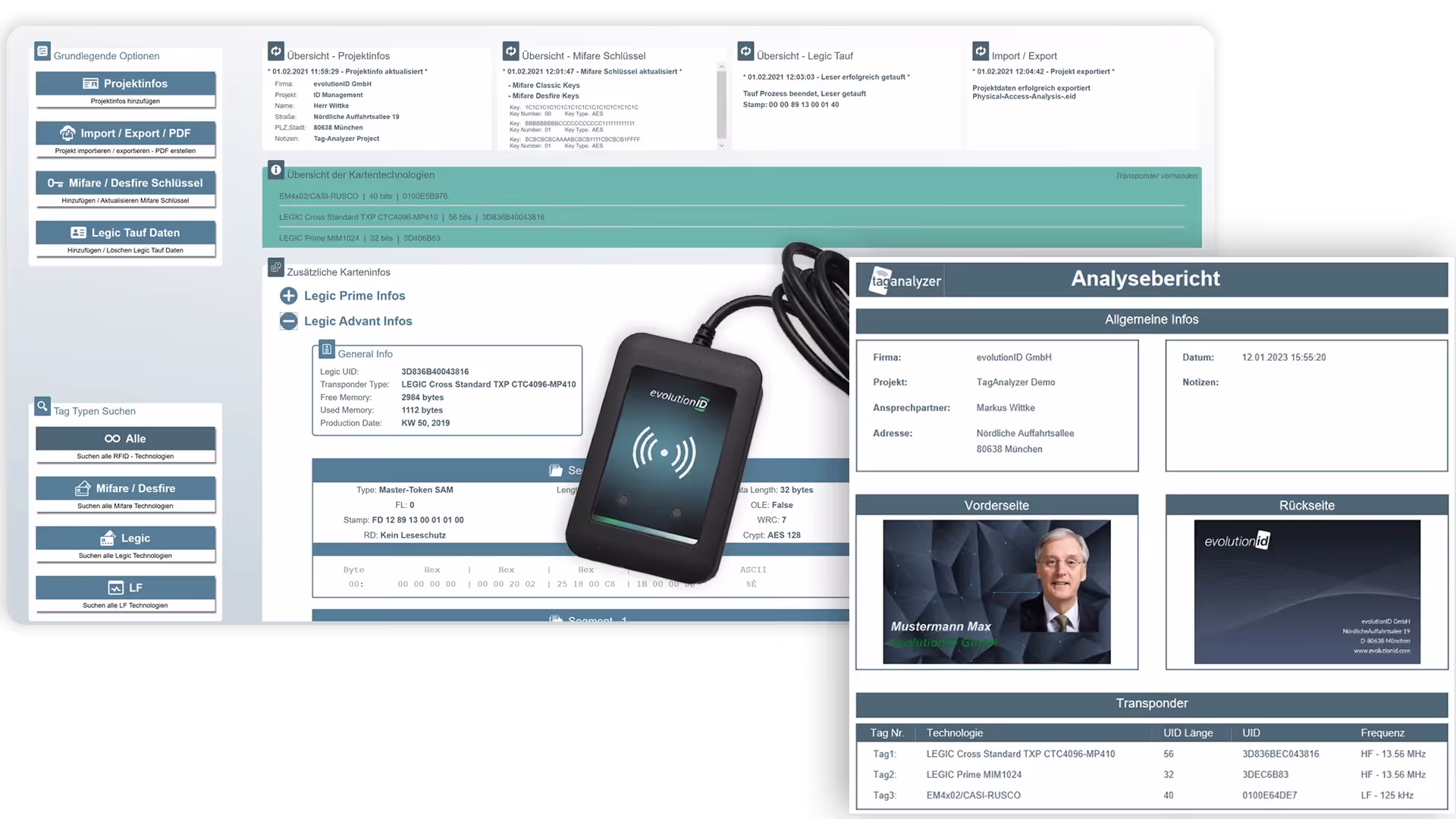 RFID reader device placed on a detailed analysis report and software interface with various RFID technologies listed.