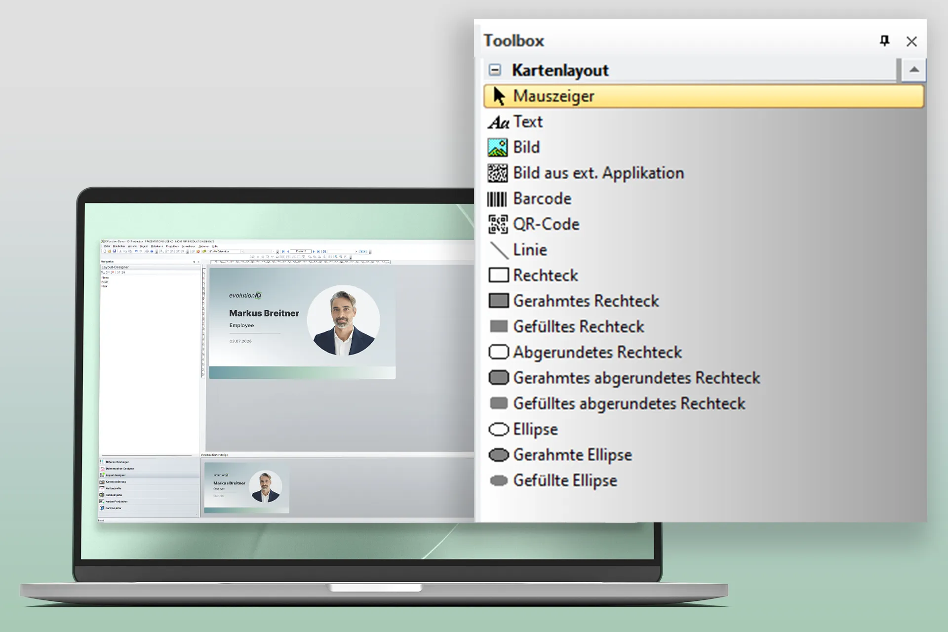 Laptop-Bildschirm, auf dem ein Layout-Editor mit einem Werkzeugkasten-Menü zu sehen ist, in dem Designelemente auf Deutsch aufgelistet sind.