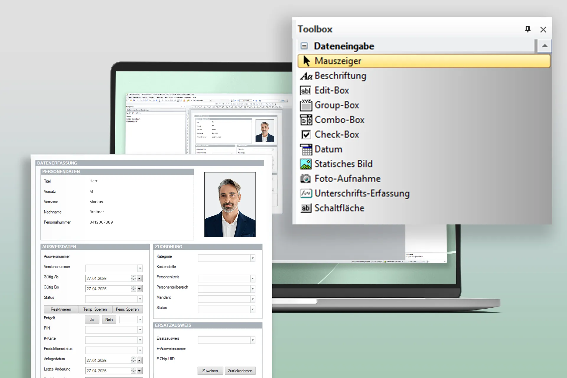 Bildschirm der Dateneingabesoftware mit persönlichen Angaben, Foto und Werkzeugkasten-Menü auf Deutsch.