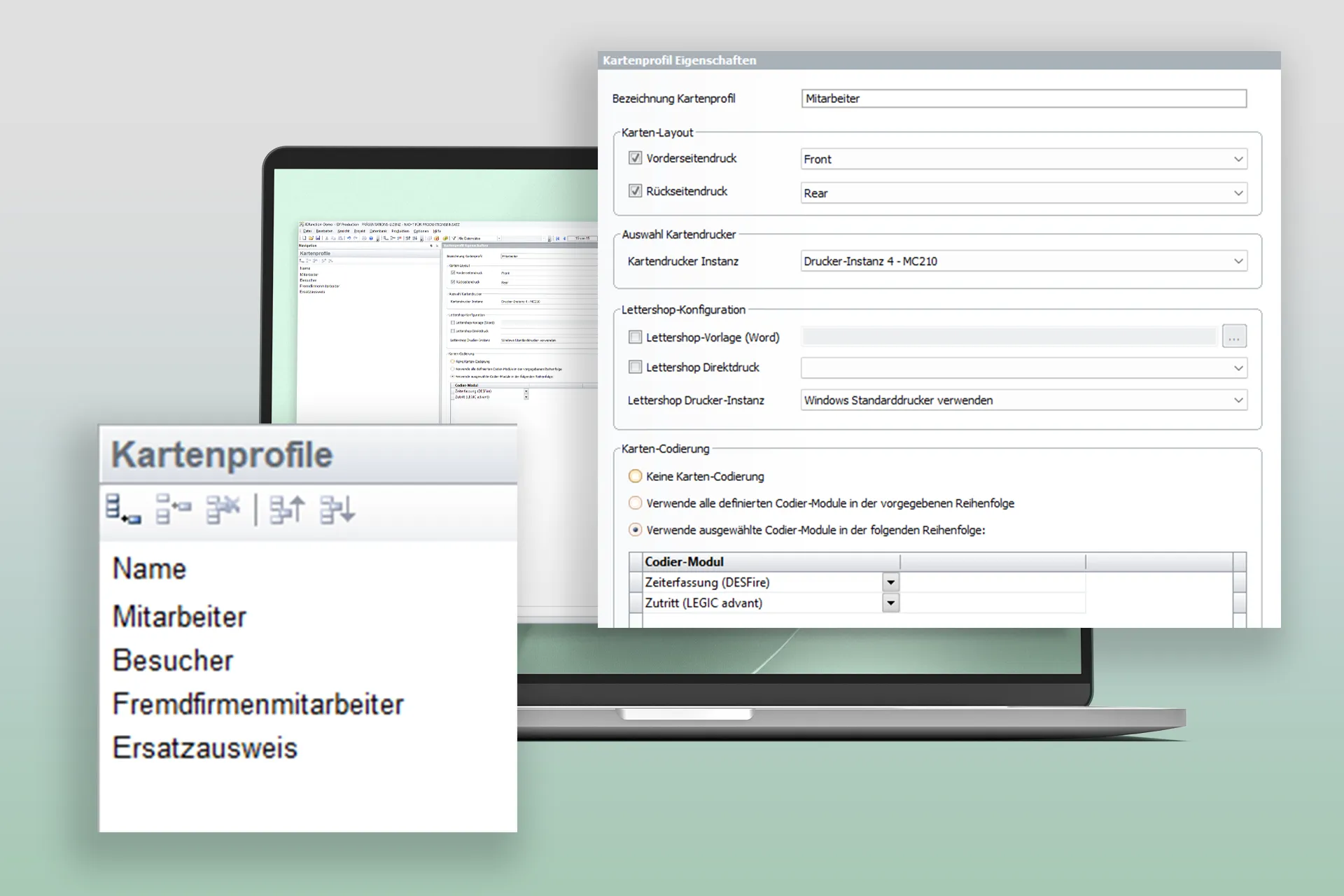 Software-Oberfläche mit den Einstellungen für das Kartenprofil sowie Optionen für Layout, Drucker und Codier-module.