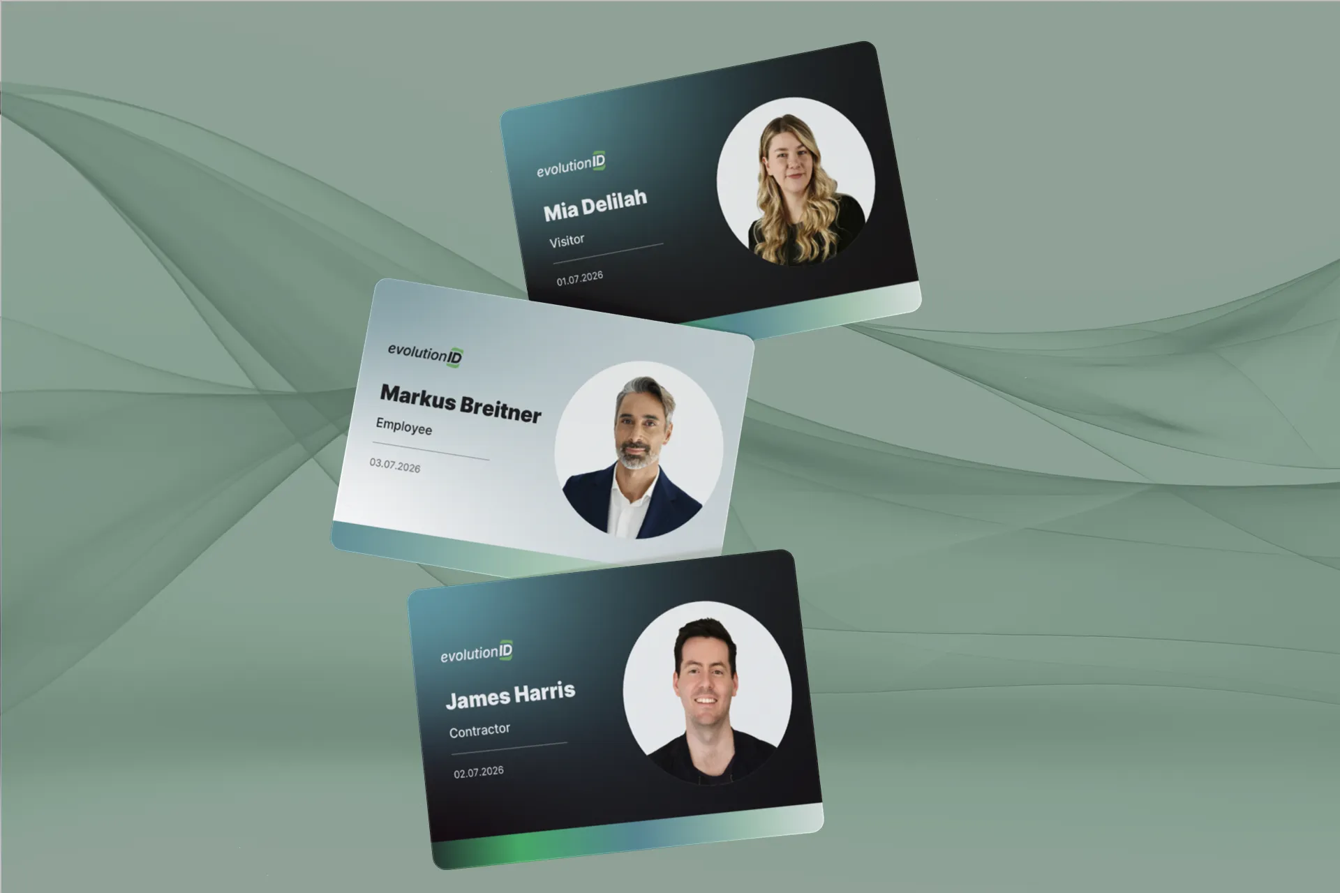 Three ID cards for Mia Delilah visitor, Markus Breitner employee, and James Harris contractor.