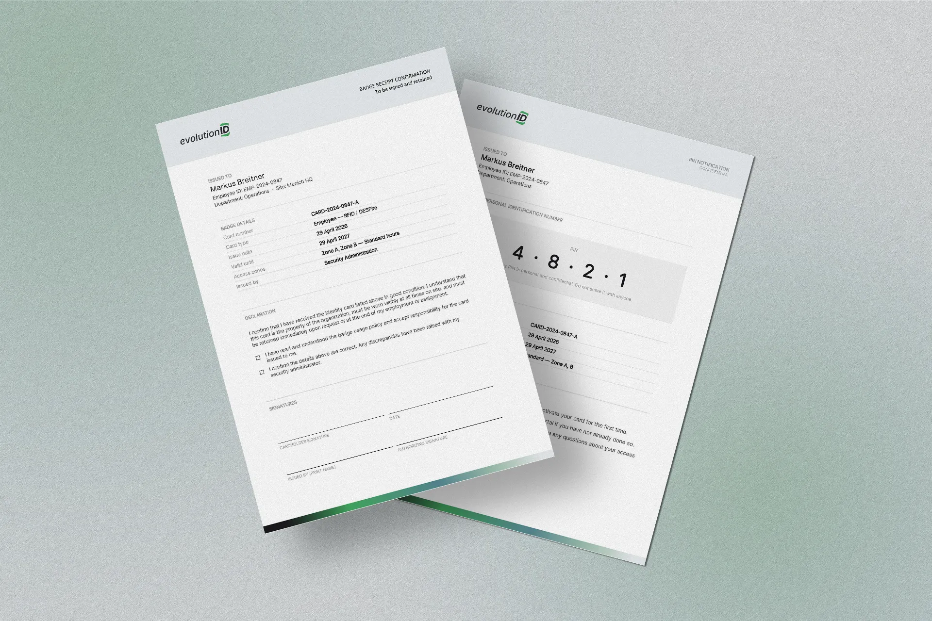 Two employee documents from evolutionID issued to Markus Breitner with badge and PIN details visible.
