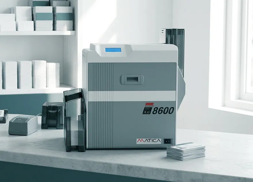 Matica XID 8600 card printer on desk with card stack and paper trays in the background.
