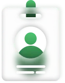 Illustration of a badge ID card with a green user icon and horizontal lines below it.