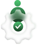 White gear icon with a green checkmark in the center and a green circle on top.