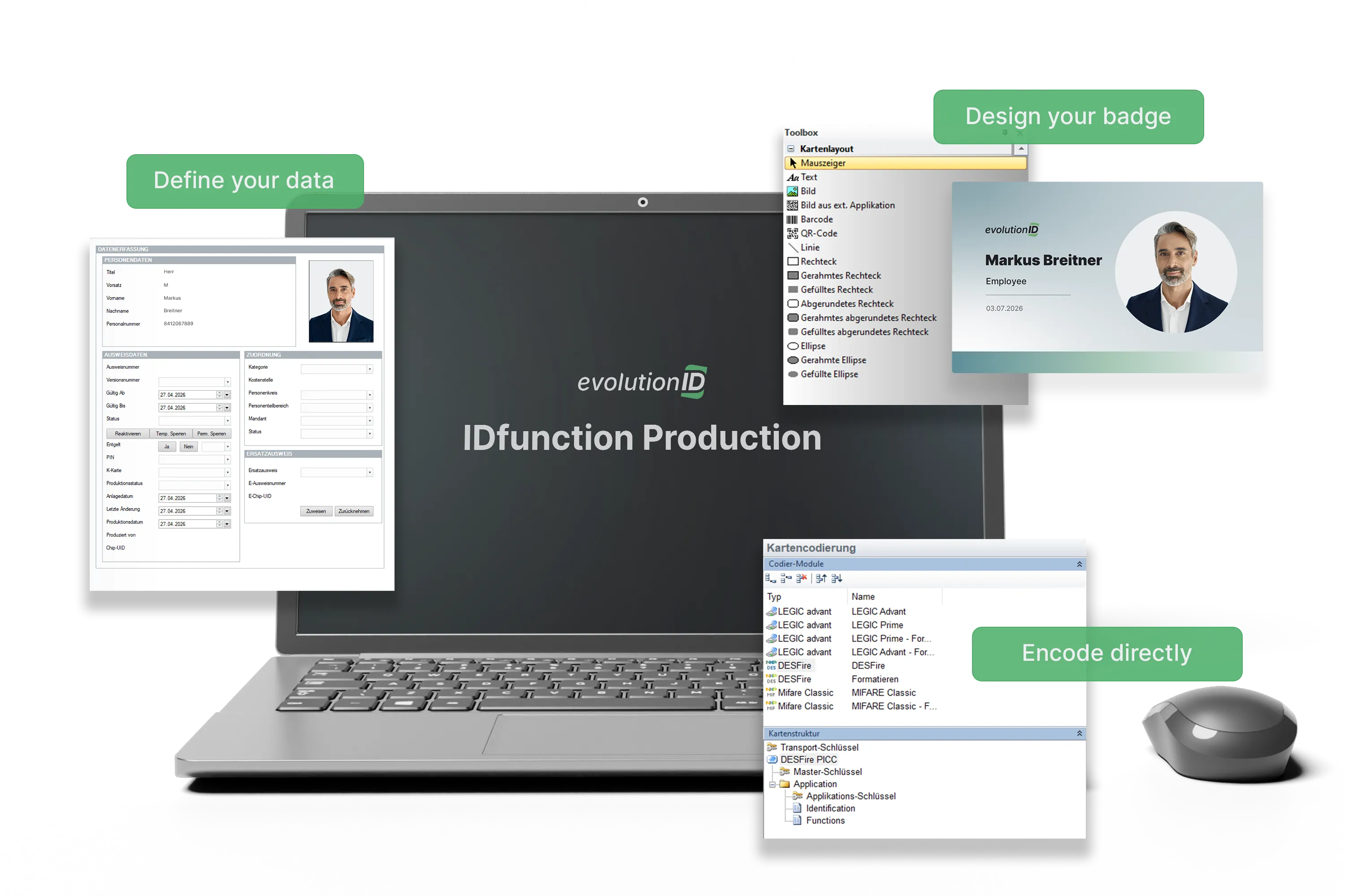 Laptop displays evolutionID IDfunction Production with data form, badge design, and encoding modules and device.