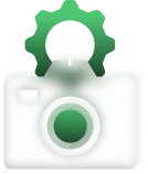 Green gear with a camera icon inside and two arrows pointing outward from the center.