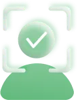 Green icon of a user silhouette with a checkmark inside a detection frame, symbolizing face detection.