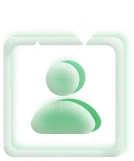 Light green glowing user icon inside a rounded square with sparkling stars.