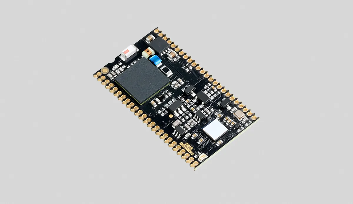 Small rectangular black circuit board with gold pins and various chips and components.