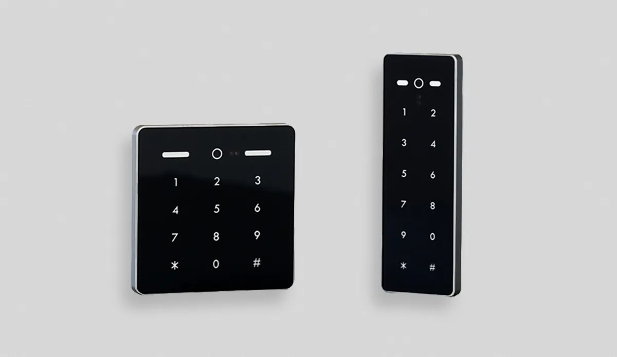Two black digital keypads with numbers and symbols on a gray background, one square and one rectangular.