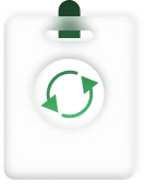 White badge with dark green circular arrows representing badge reissuance or refresh.