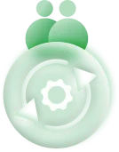 Two stylized human figures above a circular gear and arrows icon, symbolizing process or collaboration.