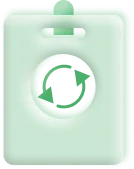 Green badge with a recycling symbol of two circular arrows in the center.