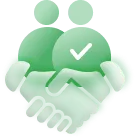 Two stylized people with a handshake and a checkmark symbolizing agreement or onboarding.