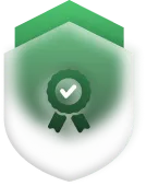Green shield badge with a white checkmark in the center, symbolizing verification or approval.