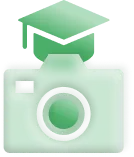 Green camera icon with a graduation cap on top, symbolizing student ID photos.