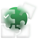 Four puzzle pieces with one green and a checkmark, symbolizing compatibility or completion.