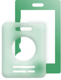 Two translucent green ID badges with user icons and placeholder text.