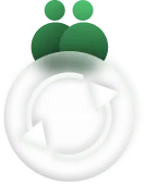 Zwei grüne Personen über einem Kreis mit zwei grünen Pfeilen, die einen Zyklus symbolisieren.