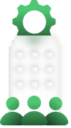 Grünes Symbol einer Firma mit drei Personen vor einem Bürogebäude und Zahnrad oben.