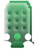 Grüne Gebäudesilhouette mit drei stilisierten Personen davor.