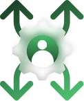 Grüne Zahnrad-Symbolik mit Benutzer-Symbol in der Mitte und Pfeilen in vier Richtungen.
