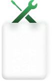 Ein grauer Ausweis mit einem QR-Code, darüber ein grüner Schraubenschlüssel und Schraubenzieher gekreuzt.