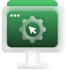 Grüner Computerbildschirm mit grauem Zahnradsymbol und Mauszeiger in der Mitte.