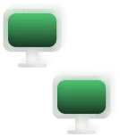 Zwei grüne Computermonitore verbunden mit weißen Zahnrädern, die Datenmigration symbolisieren.