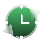 Grünes Uhrensymbol mit zwei Pfeilen im Kreis, das Erneuerung oder Verlängerung darstellt.