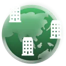 Grüne Erde mit weißen Bürogebäuden, die globale Standorte symbolisieren.