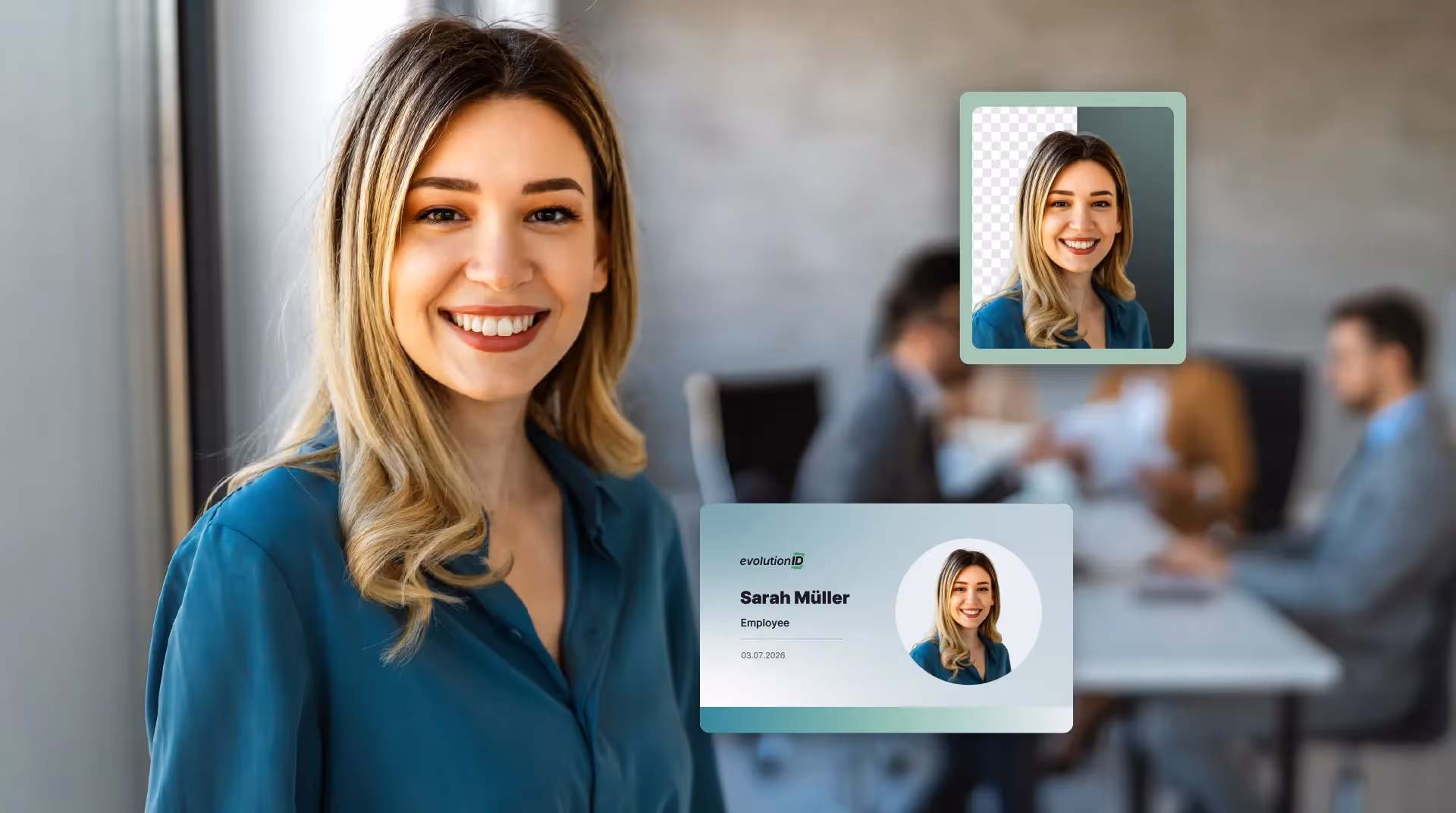 Woman with blonde hair in teal shirt taking a selfie inside modern office space.